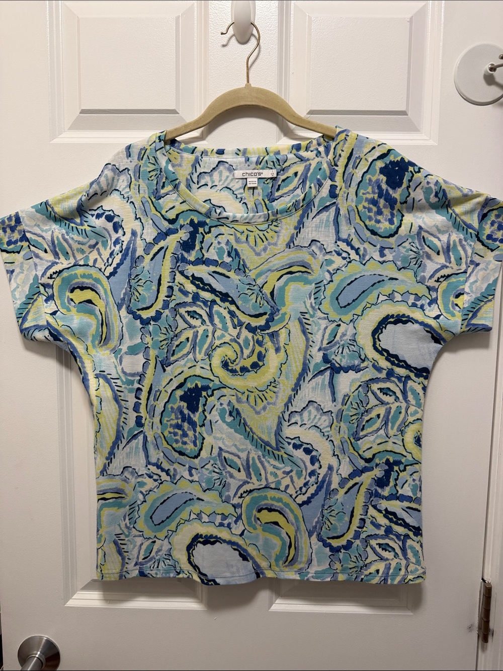 Chico's Short Sleeve Paisley Print Tee in Blue, Yellow and Green